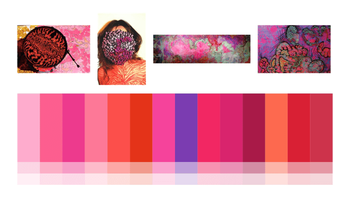 color palette moodboard - a range of pinks and reds and the images I took inspiration from